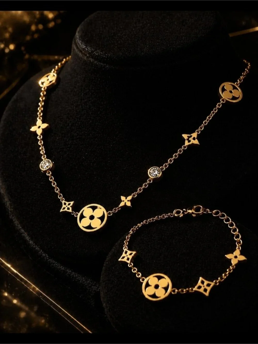 Gold Tone Floral Motif Station Necklace